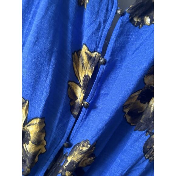 Free People '25 Royal Blue Floral Romper Rush Ruffles Wrap Front about Sz L-XL - Picture 15 of 16